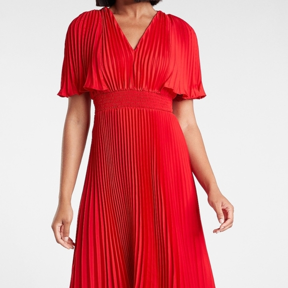 Express Red Pleated Midi Sundress V-Neck - Picture 6 of 11